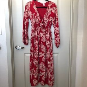 Red Long sleeve Vneck Maxi Dress.